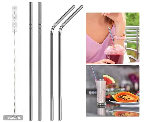 Sizzling  Reusable BPA-Free Stainless Steel Metal, Thick, Long, Dishwasher Safe Stainless Steel Drinking Straws, 8.5 Inches Pack of 5 Pieces (2 Bend and 2 Straight and 1 Cleaning Brushes)