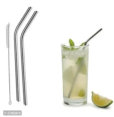 Stainless Steel Metal Straws Set for Drinking Juice Reusable BPA-Free Metal, Thick, Long, Dishwasher Safe (2 Bend, 2 Straight Straws, 1 Cleaning Brush) - Set of 4