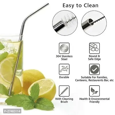 Stainless Steel Metal Straws Set for Drinking Juice Reusable BPA-Free Metal, Thick, Long, Dishwasher Safe (2 Bend, 2 Straight Straws, 1 Cleaning Brush) - Set of 4