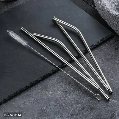 Stainless Steel Metal Straws Set for Drinking Juice Reusable BPA-Free Metal, Thick, Long, Dishwasher Safe (2 Bend, 2 Straight Straws, 1 Cleaning Brush) - Set of 4-thumb3