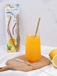 Stainless Steel Metal Straws Set for Drinking Juice Reusable BPA-Free Metal, Thick, Long, Dishwasher Safe (2 Bend, 2 Straight Straws, 1 Cleaning Brush) - Set of 4-thumb1