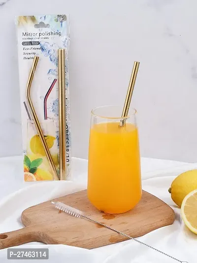 Stainless Steel Metal Straws Set for Drinking Juice Reusable BPA-Free Metal, Thick, Long, Dishwasher Safe (2 Bend, 2 Straight Straws, 1 Cleaning Brush) - Set of 4-thumb2