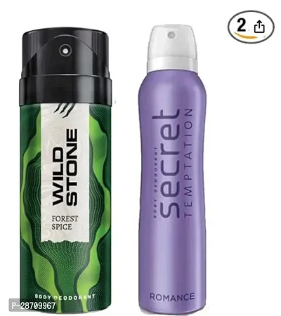 Secret Temptation Romance Deodorant For Women And Wild Stone Forest Spice Deodorant For Men 150 Ml Each , Pack Of 2