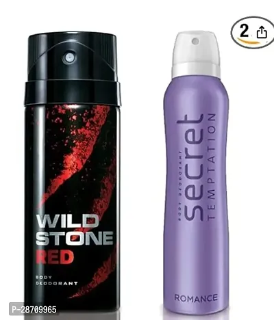 Secret Temptation And Wild Stone Romance Deodorant For Women And Wild Stone Red Deodorant For Men 150 Ml Each , Pack Of 2