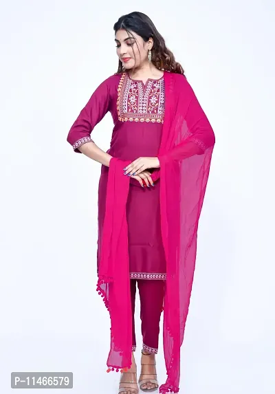 Stylish Fancy Rayon Kurta With Bottom Wear And Dupatta Set For Women