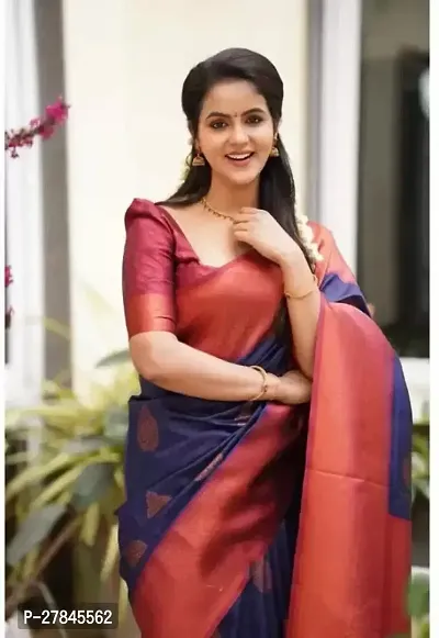 Beautiful Navy Blue Silk Blend Saree with Blouse piece For Women
