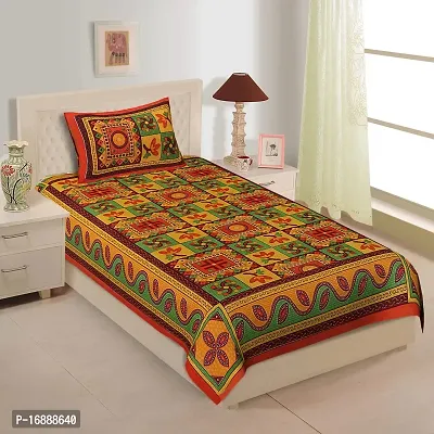 Monik Handicrafts 144 TC Cotton Comfort Rajasthani Jaipuri Traditional Sanganeri Printed Single Bedsheet with Pillow Cover (Orange)-thumb0