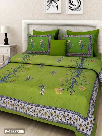 Monik Handicrafts 100% Cotton Rajasthani Jaipuri sanganeri Traditional King Size Double Bed Sheet with 2 Pillow Covers (Green)