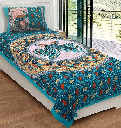 Cotton 144 TC Rama Green Jaipuri Printed Bedsheet With 1 Pillow Cover