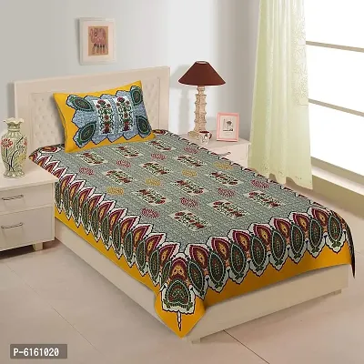 Cotton 144 TC Mustard Jaipuri Printed Bedsheet With 1 Pillow Cover-thumb0