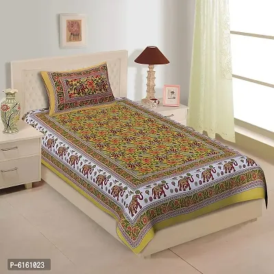 Cotton 144 TC Yellow Jaipuri Printed Bedsheet With 1 Pillow Cover-thumb0