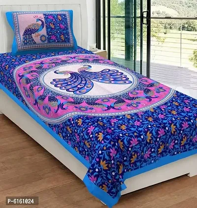 Cotton 144 TC Blue Jaipuri Printed Bedsheet With 1 Pillow Cover