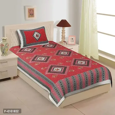 Cotton 144 TC Red Jaipuri Printed Bedsheet With 1 Pillow Cover-thumb0