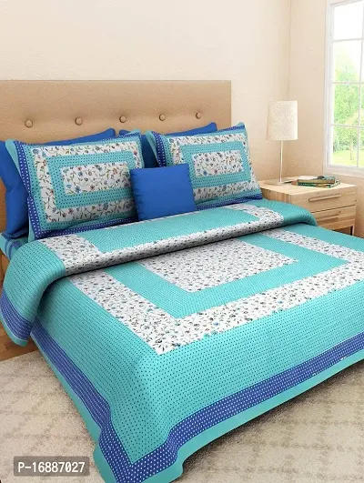 Monik Handicrafts Cotton Jaipuri King Size Double Bedsheet with 2 Pillow Cover (Turquoise)