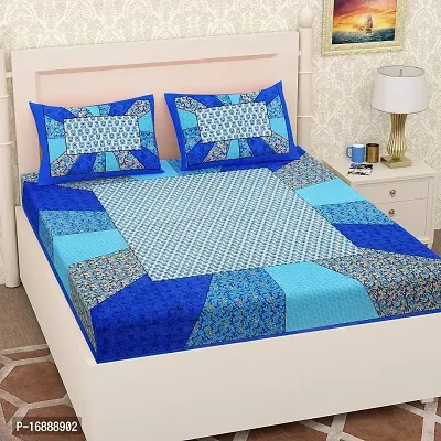 Halos Tex 100% Cotton Rajasthani Jaipuri sanganeri Traditional Queen Size Double Bed Sheet with 2 Pillow Covers (Blue)