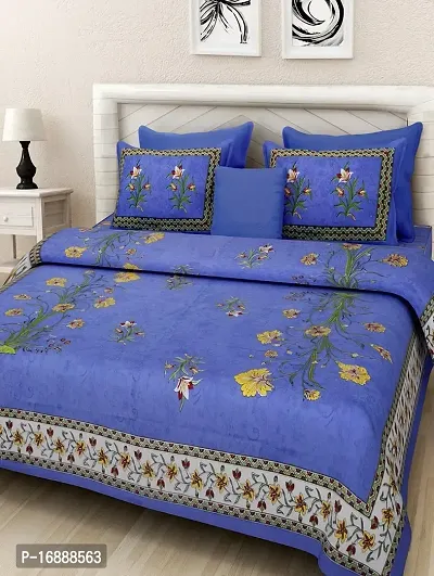 Monik Handicrafts Cotton King Size Jaipuri bedsheet with 2 Pillow Cover (90x108) (Blue)