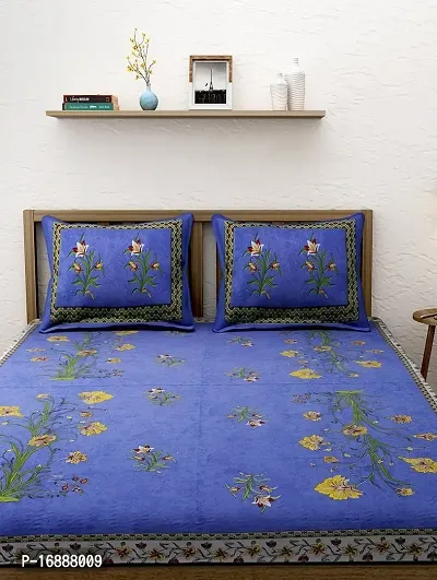 Monik Handicrafts 100% Cotton Rajasthani Jaipuri sanganeri Traditional King Size Double Bed Sheet with 2 Pillow Covers (Blue)-thumb2