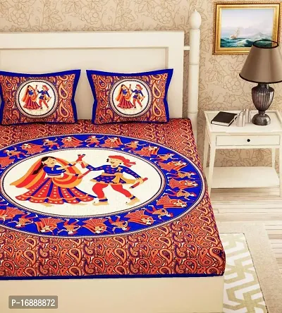 Monik Handicrafts Cotton Comfort Rajasthani Jaipuri Traditional King Size 1 Double Bedsheet with 2 Pillow Covers Dandiya Print (Blue)-thumb2