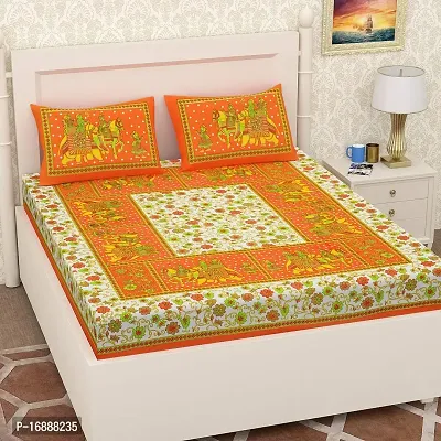 Monik Handicrafts 144 TC 100% Cotton Rajasthani Jaipuri Double Bedsheet with 2 Pillow Covers (Orange)