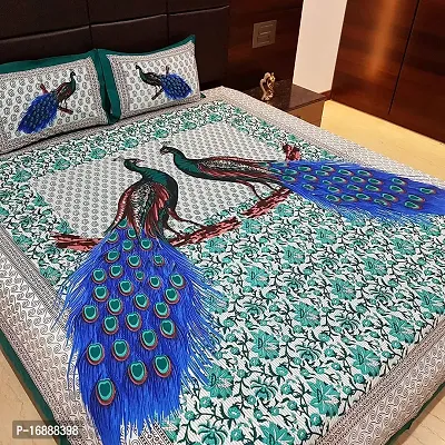 Monik Handicrafts 90 x 85 Inches Lucky Peacock Collection Cotton Bedsheets King Size with 2 Pillow Covers (Green)