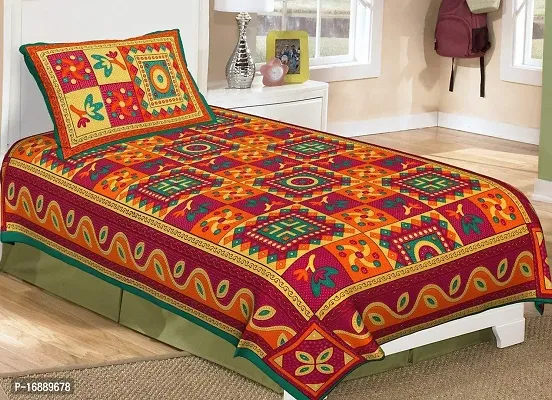 Monik Handicrafts 144 TC Cotton Comfort Rajasthani Jaipuri Traditional Sanganeri Print Single Bedsheet with 1 Pillow Covers (Green)