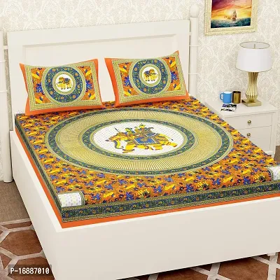 Monik Handicrafts 144 TC 100% Cotton Rajasthani Jaipuri Double Bedsheet with 2 Pillow Covers (Orange)