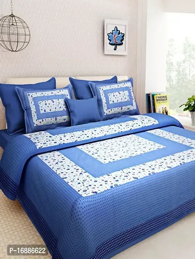 Monik Handicrafts Cotton Jaipuri King Size Double Bedsheet with 2 Pillow Cover (Blue)-thumb0