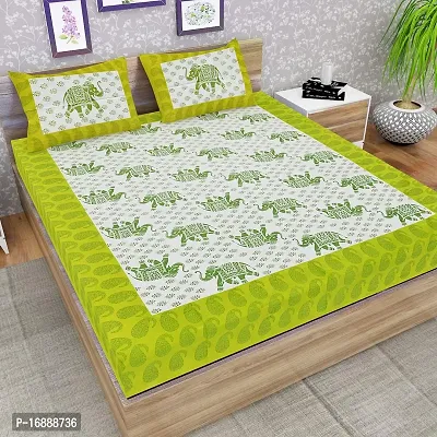 Monik Handicrafts 100% Cotton Rajasthani Jaipuri sanganeri Traditional Free Size Double Bed Sheet with 2 Pillow Covers (Green)