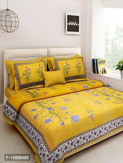 Monik Handicrafts 100% Cotton Rajasthani Jaipuri sanganeri Traditional King Size Double Bed Sheet with 2 Pillow Covers (Yellow)