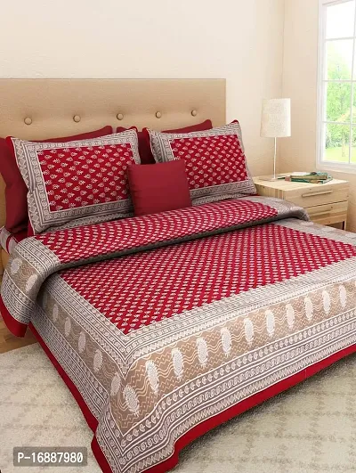 Monik Handicrafts Cotton 144 TC 100% Cotton Double Bedsheet with 2 Pillow Covers - Red