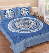 Monik Handicrafts 100% Cotton Rajasthani Jaipuri sanganeri Traditional King Size Double Bed Sheet with 2 Pillow Covers (Blue)-thumb1