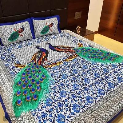 Monik Handicrafts 90 x 85 Inches Lucky Peacock Collection Cotton Bedsheets King Size with 2 Pillow Covers (Blue)