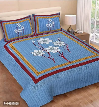 Monik Handicrafts 100% Cotton Rajasthani Jaipuri sanganeri Traditional King Size Double Bed Sheet with 2 Pillow Covers (Blue)-thumb2