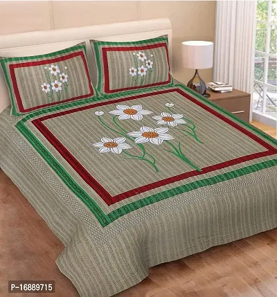 Monik Handicrafts 100% Cotton Rajasthani Jaipuri sanganeri Traditional King Size Double Bed Sheet with 2 Pillow Covers (Olive)-thumb0