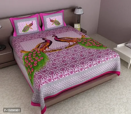 Monik Handicrafts 90 x 85 Inches Lucky Peacock Collection Cotton Bedsheets King Size with 2 Pillow Covers (Pink)-thumb0