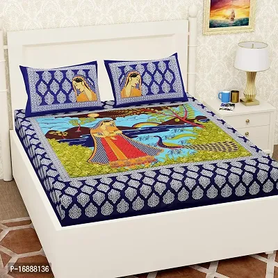 Halos tex 100% Cotton Rajasthani Jaipuri sanganeri Traditional King Size Double Bed Sheet with 2 Pillow Covers (Blue)