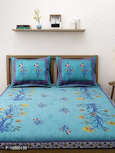 Monik Handicrafts Cotton King Size Jaipuri bedsheet with 2 Pillow Cover (90x108) (Sea Green)-thumb2