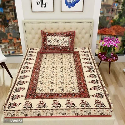Monik Handicrafts Comfort Rajasthani Jaipuri Traditional Sanganeri Print 144 TC 100% Cotton Single Bedsheet with 1 Pillow Covers-thumb0