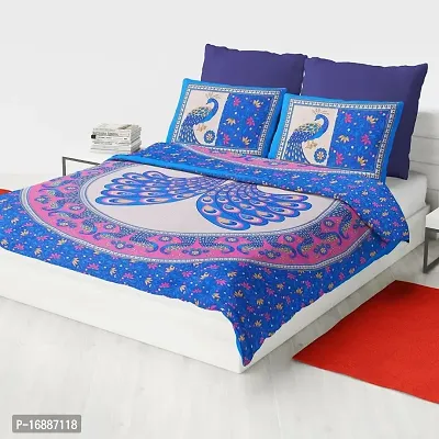 Jaipuri Cotton Bed Sheet with 2 Pillow Covers, Double(Blue)