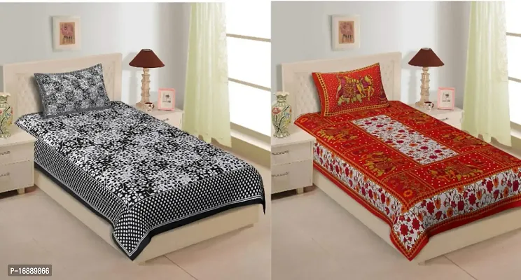 Monik Handicrafts Rajasthani Traditional 100% Cotton 2 Single Bedsheet with 2 Pillow Cover- Combo Pack of 2