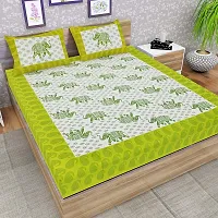 Monik Handicrafts 100% Cotton Rajasthani Jaipuri sanganeri Traditional Free Size Double Bed Sheet with 2 Pillow Covers (Green)-thumb1