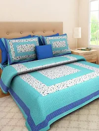 Monik Handicrafts Cotton Jaipuri King Size Double Bedsheet with 2 Pillow Cover (Turquoise)-thumb1