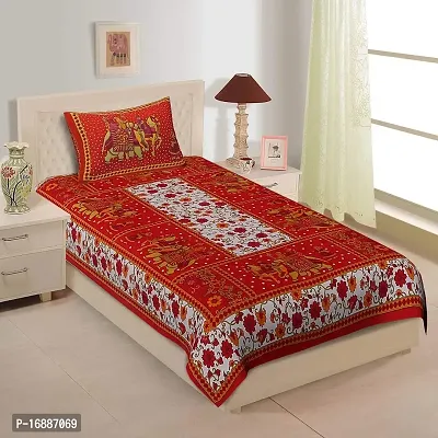 Monik Handicrafts Cotton Rajasthani Single Bedsheet with 1 Pillow Cover-Red