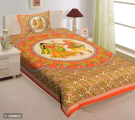 Monik Handicrafts Comfort Rajasthani Jaipuri Traditional Sanganeri Print 144 TC Cotton Single Size Bedsheet with 1 Pillow Cover (Orange)