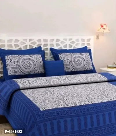 Stylish Cotton Blue Printed 1 double Bedsheet With 2 Pillow Covers-thumb0