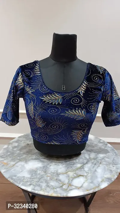 Elegant Blue Velvet Solid Stitched Blouse For Women-thumb0