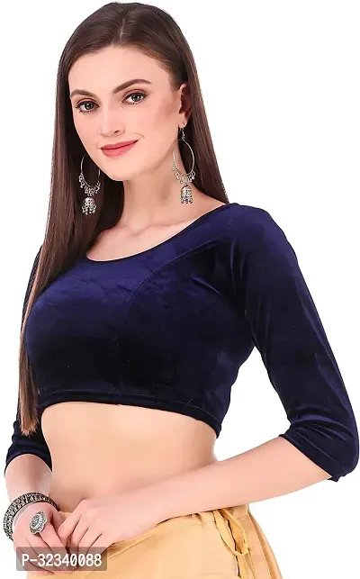 Elegant Navy Blue Velvet Solid Stitched Blouse For Women