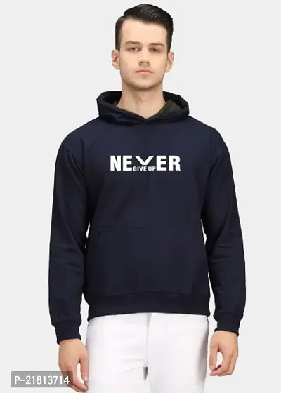 Men Full Sleeve NEVER GIVE UP Printed Hooded Sweatshirt (Blue)