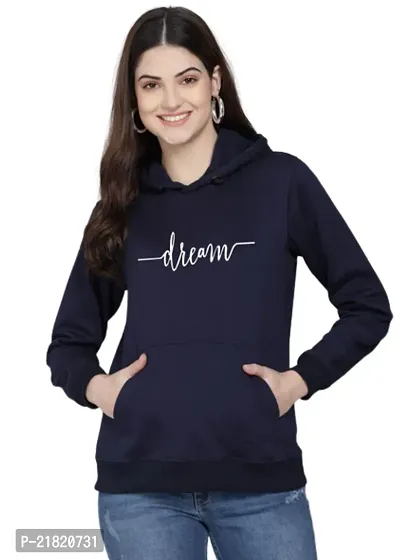 Women Full Sleeve DREAM Printed Hooded Sweatshirt (Blue)-thumb0