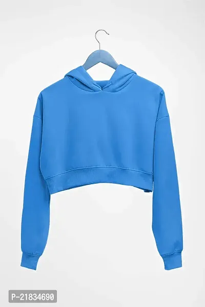Women Plain Crop Hoodie Sweatshirt (Teal Blue)